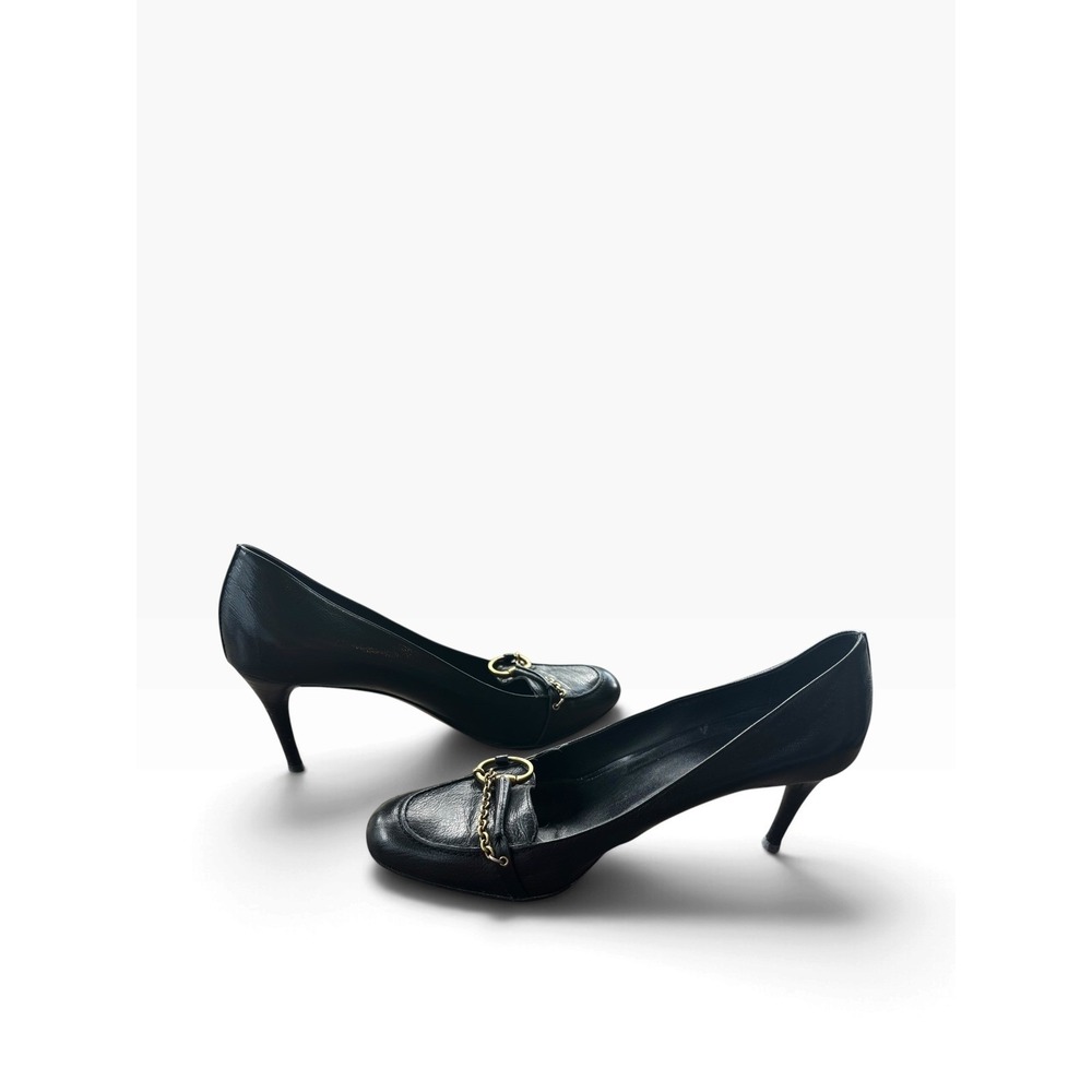 Gucci Black Leather Horsebit Chain Loafer Pumps 8.5 B 39 Stiletto Heels